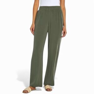 Three dots Olive Green Wide-Leg Pants pull on elastic waist scandi girl comfort